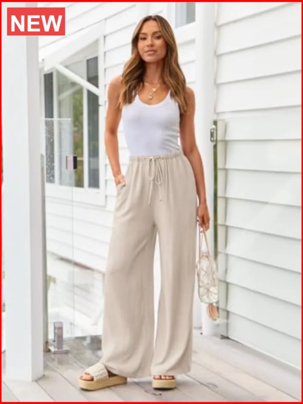 Linen Palazzo Pants Flowy Wide Leg Beach Pants with Pockets